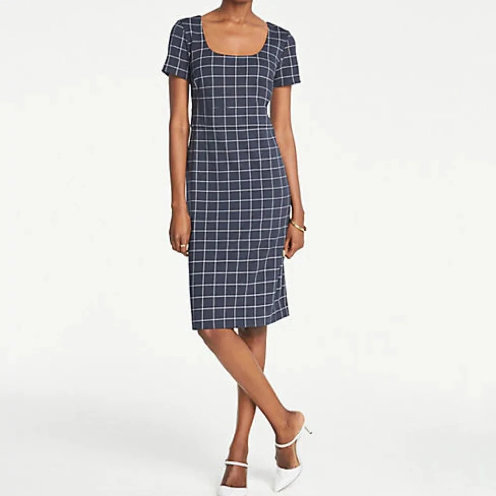Ann Taylor Windowpane Sheath Dress Navy - Picture 3 of 3